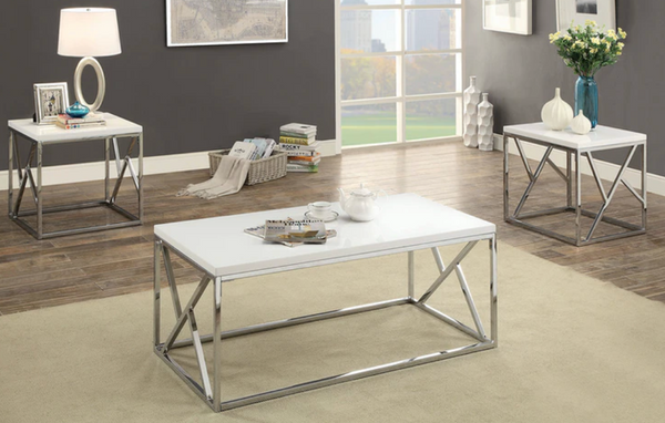 KUZEN WHITE AND CHROME COFFEE AND TWO END TABLE-SET OF THREE